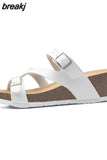 Fashion Women Wedge Cork Slipper 2023 New Summer Beach Outside Buckle Trifle Platform Med Heel Slide