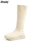 Thick High Heeled Women Stretch Boots 2023 Hot Fashion Knit Stretch Mid Calf Boots Slip On Simply Stylish High