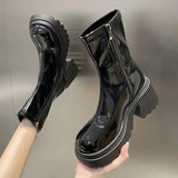 Platform Long Boots Women Patent Leather Thick High Heels Punk Shoes Woman 2023 Autumn Winter Short Plush Knee High