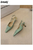 Spring New Brand Pointed Toe Slingback Shoes Thin Heels Shallow Slip On Ladies Elegant Sandals Green Pumps For Dress