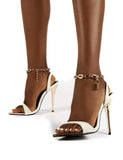 New Women Sandals Pointed Peep Toe Thin Heel High Heels Summer Fashion Metal Chain Lock