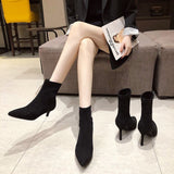Luxury Women Black Flock Sock Boots Stiletto Thin High Heels Elastic knitting Boots Winter Stretch Fabric Ankle