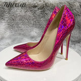Rose Laser Crocodile Effect Women Pointy Toe High Heel Party Dress Shoes Sexy Ladies Shiny Stiletto Pumps 8cm 10cm