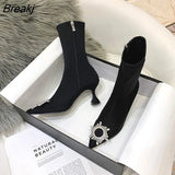 Women Ankle boots Autumn Spring Black Comfortable Slip On Soild Triangle Heeled Office Lady Shoes High heels Sock