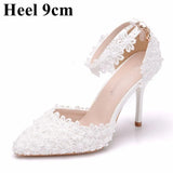Queen Women Lace High Heels Banquet Wedding Shoes Bridal Sandals Pointed Sweet Wild Single Pumps Large
