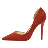 Breakj Simple Thin Heel Ultra High Heel Suede Shallow Tip Sexy Nightclub Show Thin Side Hollow Single