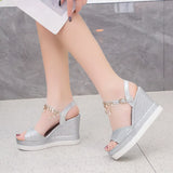New Women Wedge Sandals Summer Bead Studded Detail Platform Sandals Buckle Strap Peep Toe Thick Bottom Casual Shoes