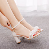 Queen White Lace Pearl Women Summer Shoes Strap Square Party Dress Sandals Bride Evening Formal High
