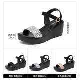 Heel Sandals Women's 2023 Summer New Muffin Thick Bottom Waterproof Table With One-Word Buckle Sequins And Large-Size