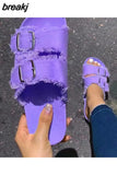 Summer Women Fashion Canvas Cork Slippers Casual Double Buckle Tassel Clogs Slides Non-slip Outside