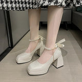 Women Pumps Elegant Bow Square Toe Black High Heels Fashion Thick Heel Wedding Party Pearl Lace Wedding Shoe Zapatos