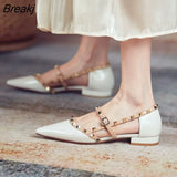 Women Summer Flats Chunky Heel Studded Patent Leather Rivet T-Strap Buckle Strap Walking Shoes Casual Solid Sapatos