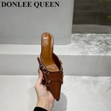 Rivet Mule Shoes Women Slippers Slip On Slides Pointed Toe Low Heels Pumps 2023 Cover Rome Basic Sandals Female