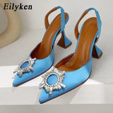Rose Red Women Pumps Silk Satin Pointed Toe Rhinestone Crystal High Heels Woman Wedding Dress Pumps On Cup Heeled