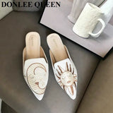 Size 35-42 Slippers Women Slip On Slides Flat Pointed Toe Embroider Mules Shoes Women New Casual Flip Flops zapatillas