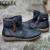 Women's Ankle Boots Round Toe Solid Color Ladies Boots Retro Pu Leather Comfortable Chelsea Boots Women Booties Big Size