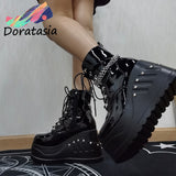Punk Goth Platform Motorcycle boots Wedges Women's Boot Lace Up Trendy INS Hot Sale Chain 2022 Casual Luxury Women's