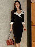Fashion Elegant Office Lady Women Dress Sexy Retro Casual Turn-Down Collar Black Formal Slim Midi Party Pencil Femme