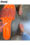 Beach Large Size 43 Rhinestone Slipper Women's Shoes Summer 2023 Sandals for Women Round Head Flat Rhinestone