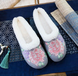Breakj Single Slippers / Cotton Slippers Linen Peony Embroidered Round Head Flat Cloth Shoes Sandals Embroidered Women's