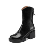 Women Genuine Leather Western Boots Round Toe Zipper Shoes Platform Thick High Heel Short Boots Autumn Winter Wine