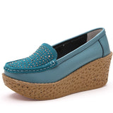Leather Wedge Platform Shoes Ladies Slip On Crystal Flat Shoes High Heel 7cm Thick Sole Shallow Flats Casual