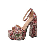 Print Sandals Women 2023 Summer Platform Shoes Chunky Style Peep Toe Heels Cloth Upper Zapatos