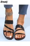 Flat Slip-On Sandals Bling Rhinestone Narrow Band Slippers Beach Shoes Casual Slides Summer 2023 New Women Gold