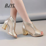 High-heeled Sandals Women Summer Thick-heeled Fish Mouth Large Size Mesh Breathable Women's Rhinestone Back Zipper