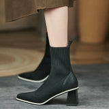 Autumn Winter New Fashion Stitching Knitted Elastic Stockings Boots High-heeled Short Boots Women's Pointed Toe