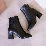 Black Thick High Heel Ankle Boots Women Pointed Toe Keep Warm Elegant Short Booties Ladies Ankle Buckle