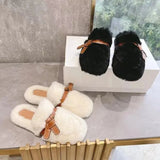 Round Toe Slippers Luxury Women Flat Feather Mules Shoes Winter Party Slides Comfort Fur Shoes Half