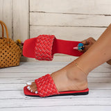 Size Fashion Weaving Flat Slippers Women 2023 Summer Non Slip Beach Flip Flops Woman Designer Soft Sole Square Toe