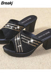 Fashion High Square Heels Slides Women Shining Crystal Platform Sandals Woman Slip on Rhinestone Slippers