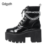 Patent Leather Gothic Black Boots Women Heel Sexy Chain Chunky Heel Platform Boots Female Punk Style Ankle Boots