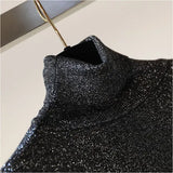 Turtleneck knit sweater Shinny Chic Women Sweaters And Pullovers spring Autumn thin bling Lurex slim baisc