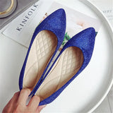 Women Red Sequin Cloth Flat Wedding Shoes Bride Pointed Toe Flats Blue Loafers Ladies Slip On Shallow Comfortable