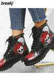Skeleton Rose Women Snow Ankle Boots Motorcycle Skull Low Heels Shoes Vintage Pu Warm Winter Increase The 43 botas de