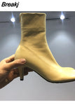 Woman Square Toe Kitten Heels Elastic Short Boots Women Genuine Leather Back Zip Ankle Boots Sexy Big Size Party