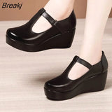 Plus Size 32-43 T Strap Leather Wedges Shoes for Women 2023 High Heels Shoes Ladies Platform Shoes Mother Dance