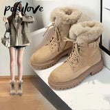 Women's Boots Winter Shoes Fur Boots Plush Warm Snow Ankle Booties Female Platform Chunky Botas Cow Suede