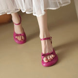 Summer New Vintage Sandals One Line Buckle Beach Sandals Round Head Bow High Heel Sandals