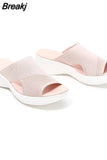 Fashion Women Summer Stretch Orthotic Slide Sandals Platform Wedges Open Toe Casual Outside Slippers Comfortable Solid