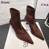 Winter Women Socks Boots Fashion Ladies Thin High Heel Pointed Toe Elastic Ankle Boots Slip On Female Short