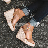 Style 2023 Slope Heel Women's Shoes Straw Braided Hemp Rope Large Size Female Sandals Clasp Fish Mouth Sandals