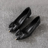 Women's Summer Footwear Office with Medium Heels Shoes for Woman 2023 Black Bow Pointed Toe High Quality Chic and Elegant