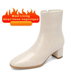 Women Snow Boots with Fur Split Cowhide Block Heel ZIP Genuine Leather Fall Winter Short Ankle Boot Black Booties Shoe Size