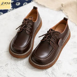 American Retro British Style Literary Genuine Leather Thick-Sole Lace-Up Handmade Big-Toed Shoes Mori Girl Casual
