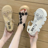 Women Shoes Sandals Ins Tide 2023 New Female Summer Flowers Flat Fashion Thick Sole Transparent High Heels Ladies