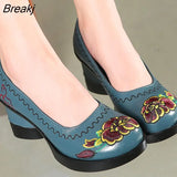 Spring Women Pumps Retro Embroider Lady 7.5CM High Heels Slip On Platform Pumps Handmade Women Genuine Leather